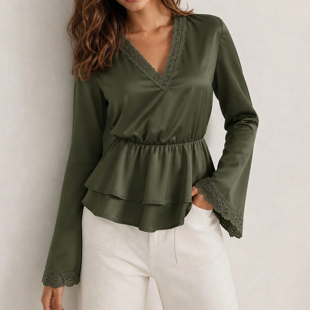 Deep Green V Neck Puffed Long Sleeve Spliced Ruched Solid Tee