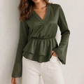 Deep Green V Neck Puffed Long Sleeve Spliced Ruched Solid Tee