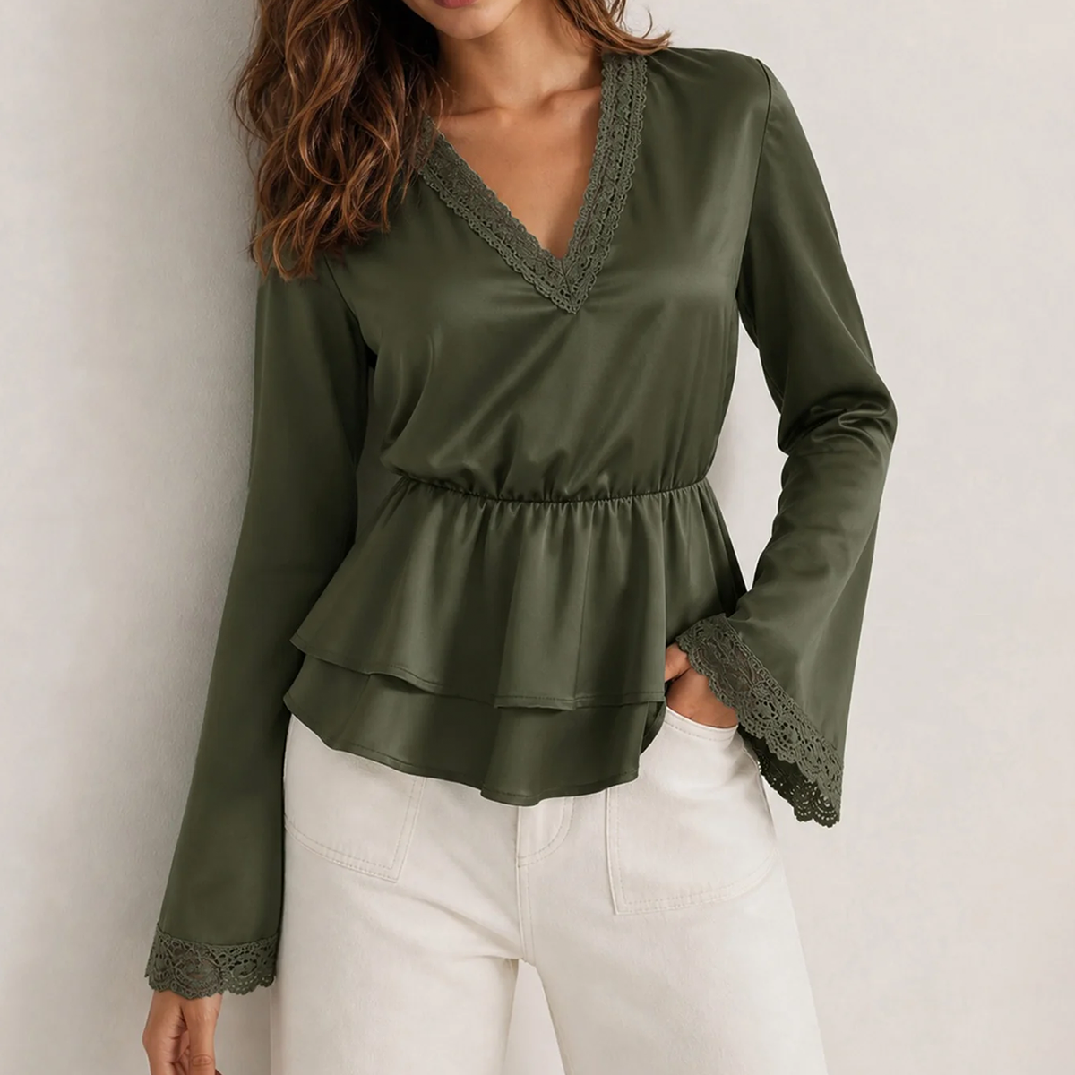 Deep Green V Neck Puffed Long Sleeve Spliced Ruched Solid Tee