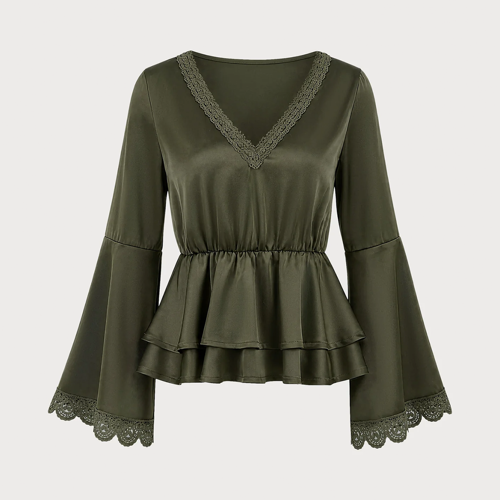 Deep Green V Neck Puffed Long Sleeve Spliced Ruched Solid Tee