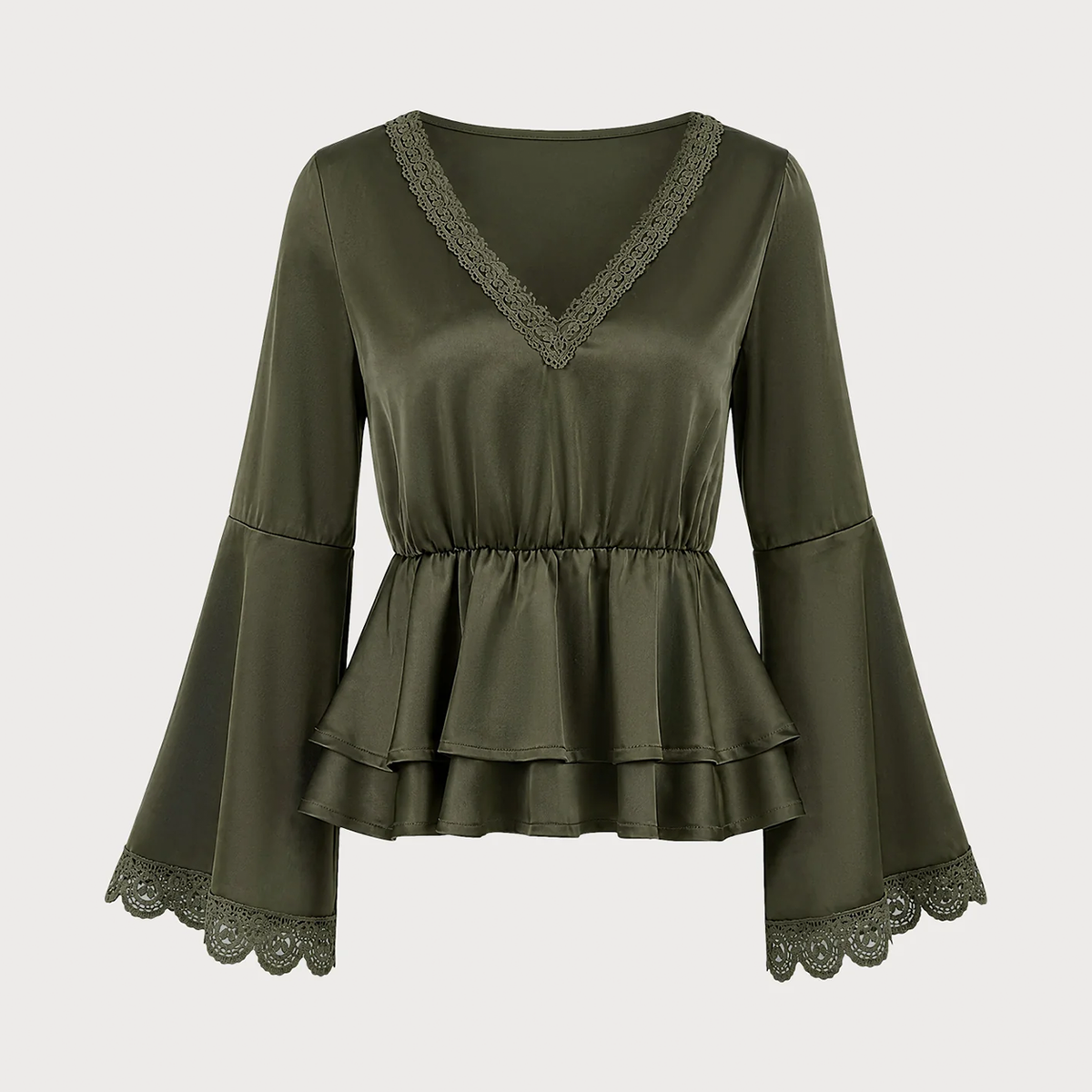 Deep Green V Neck Puffed Long Sleeve Spliced Ruched Solid Tee