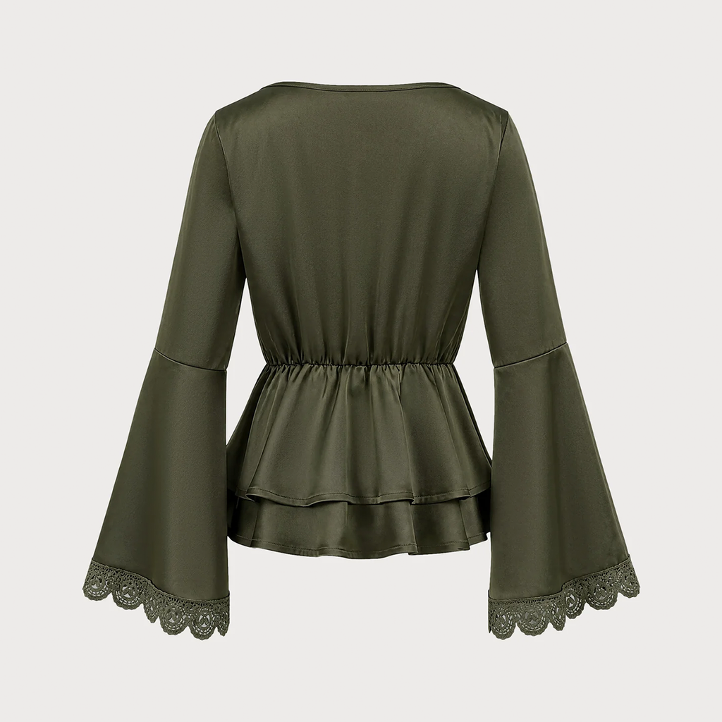Deep Green V Neck Puffed Long Sleeve Spliced Ruched Solid Tee