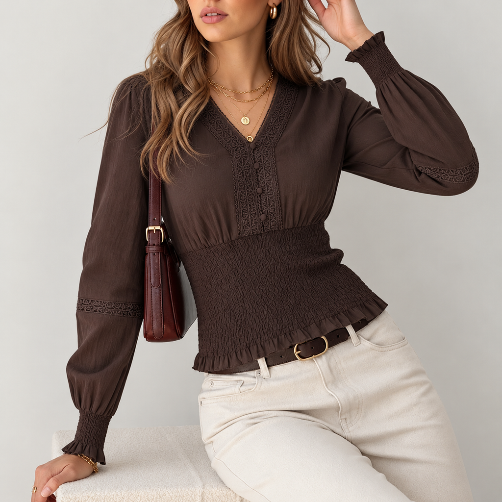 Brown V Neck Lace Shirred Puffed Long Sleeve Tee
