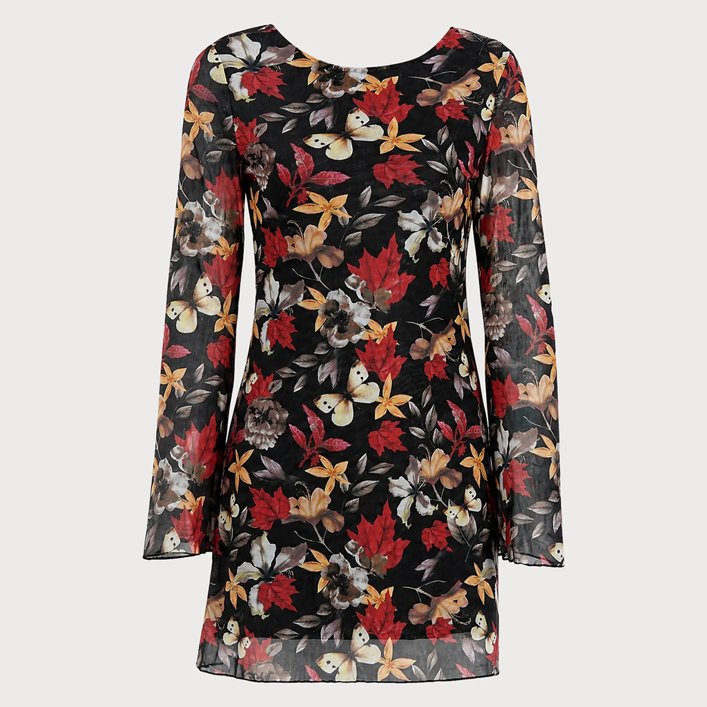 Black Round Neck Bell Sleeve Floral Mini Dress