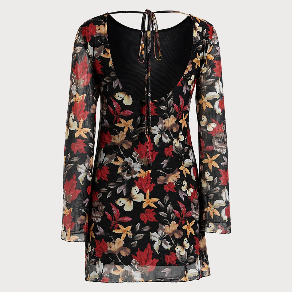 Black Round Neck Bell Sleeve Floral Mini Dress