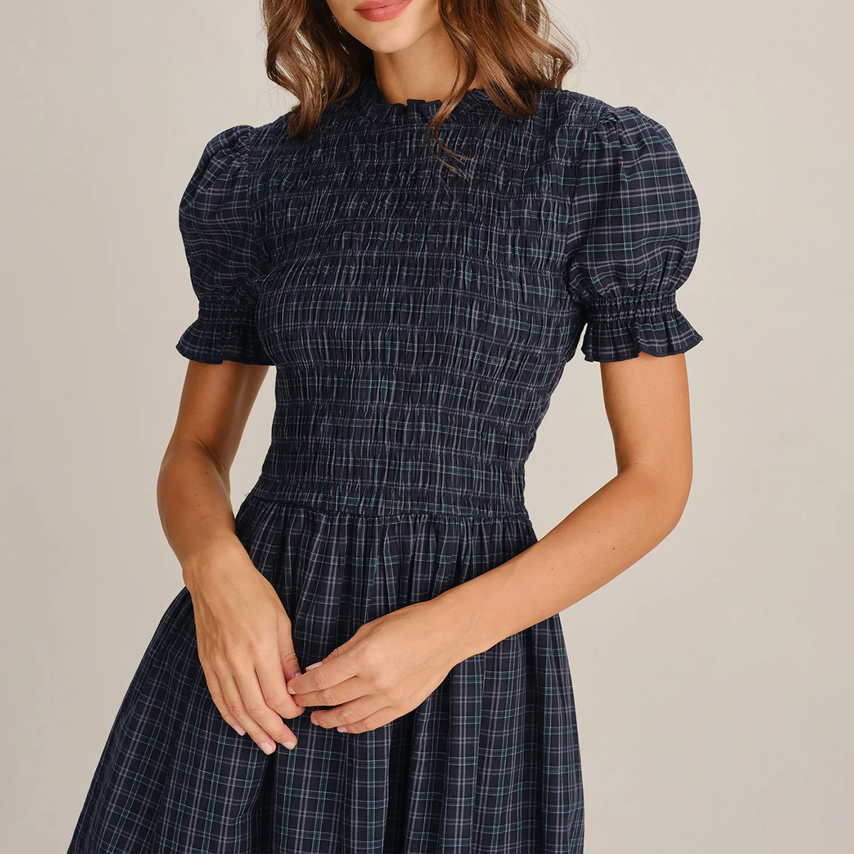 Navy Puffed Sleeve Plaid Ruffle Skater Mini Dress