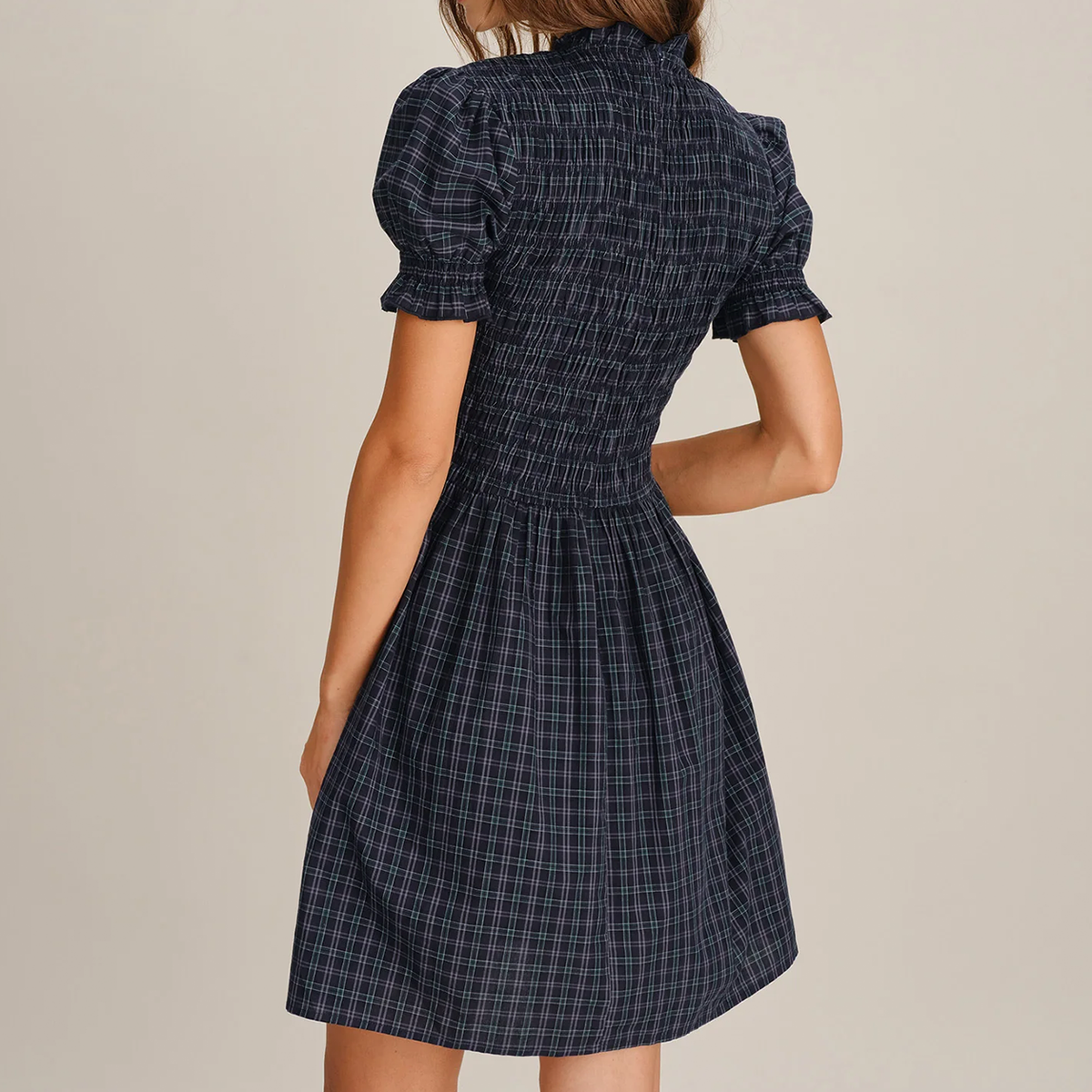 Navy Puffed Sleeve Plaid Ruffle Skater Mini Dress